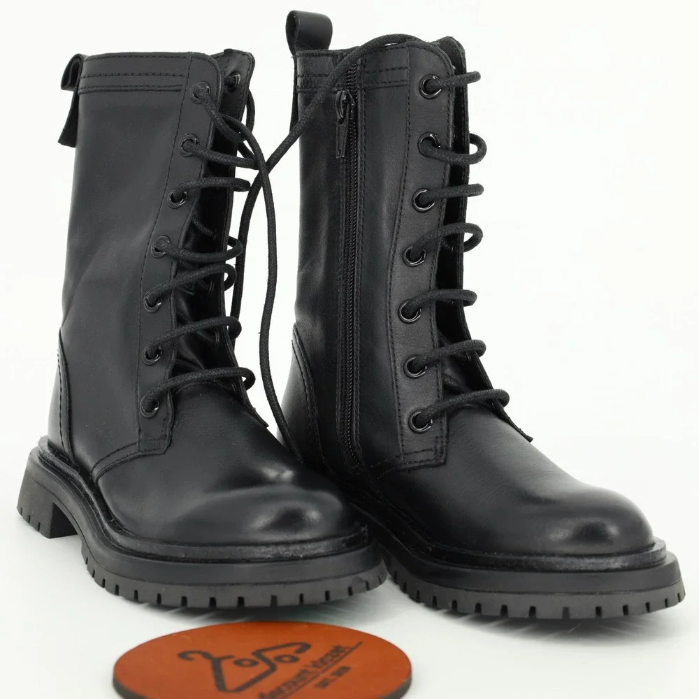 Zara Girls Black Leather Lace Up Side Zip Combat Boots Size 12.5 Ankle Boots NWT